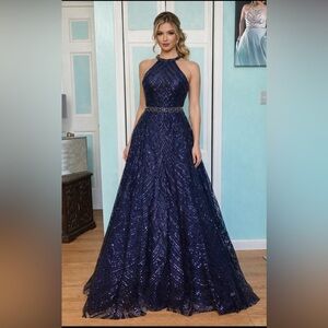 Size 10 Navy Sequin Ball gown Clarisse 5112 open back prom pageant dress NWT